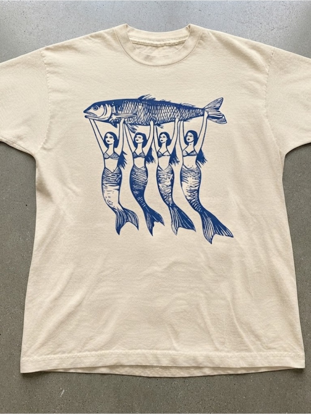 Fish and Mermaids Graphic Gildan T-Shirt Cream Casual Top